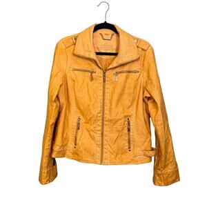 Jou Jou Motorcycle Biker Jacket Women XL Mustard Yellow Faux Leather Zip Outdoor